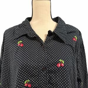 Quacker Factory Black White Polka Dot Cherry Embroidery Button Down Top Sz 3X